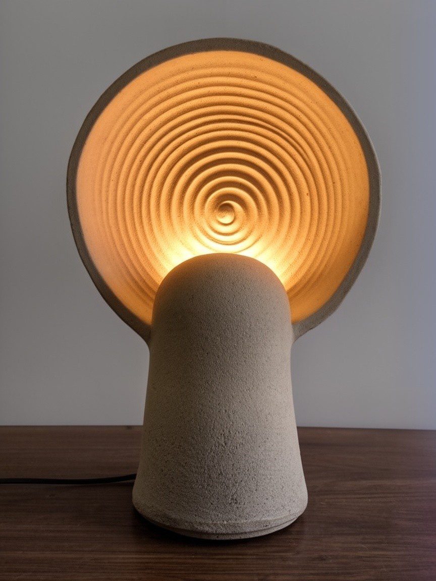 Lámpara de sobremesa escultórica Eclipse con relieve espiral concéntrico en gres natural — Land Ceramic
